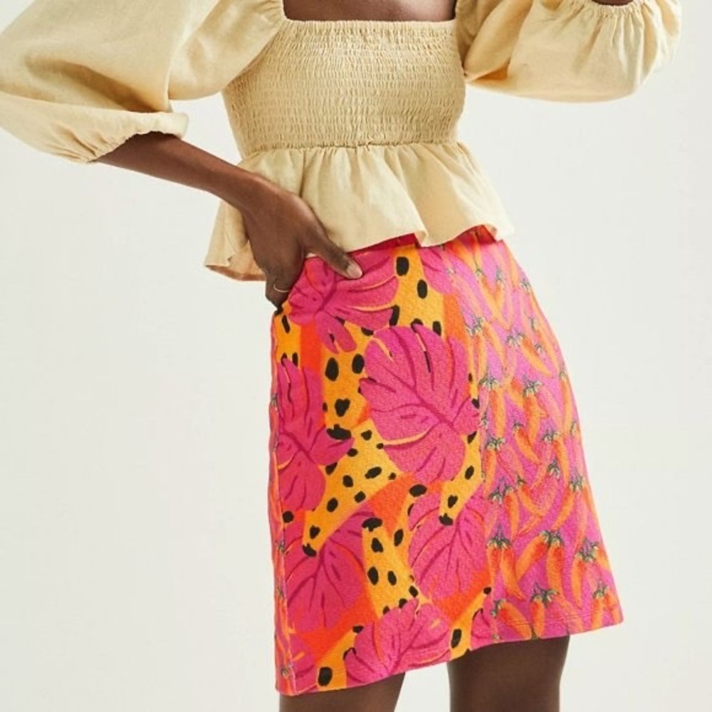 Farm Rio Anthropologie Knit Mini Skirt XS Resort Bold Tropical Chili Mixed Print